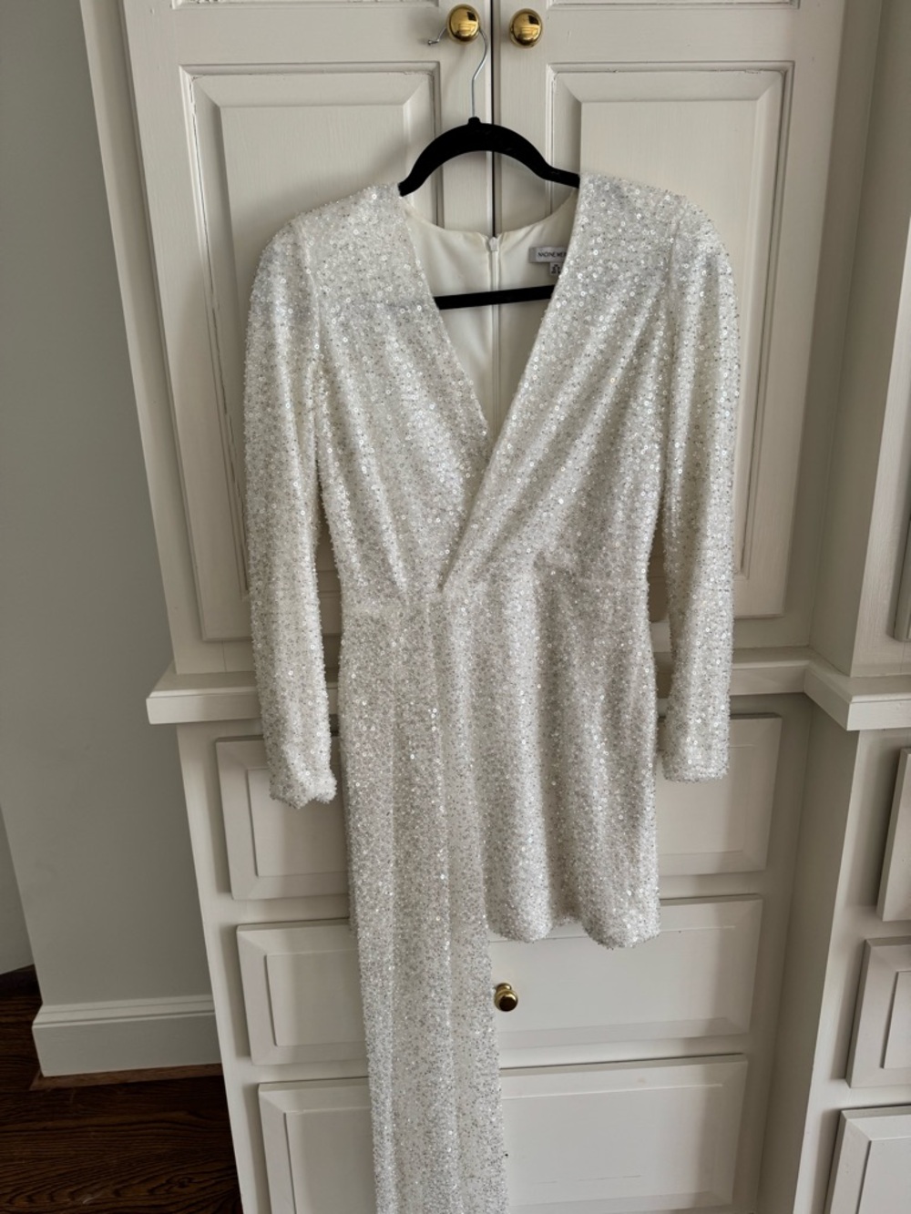 NADINE MERABI White Sequin Asymmetrical Long-Sleeve Mini Dress